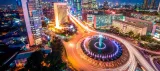Jakarta city skyline at night with Bundaran HI